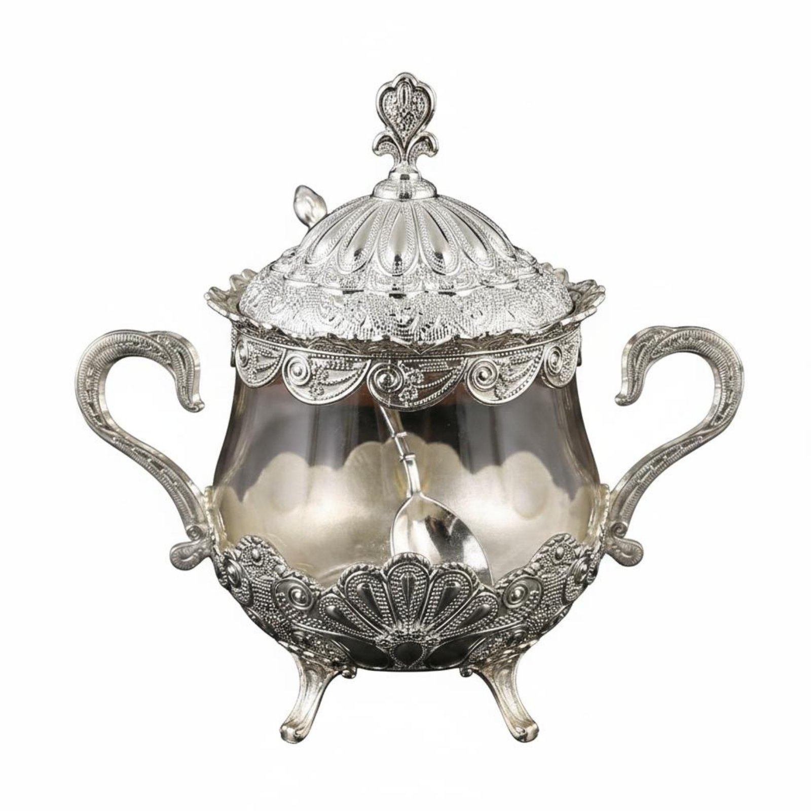 Peacock Pattern Sugar Bowl – Glass - Silver