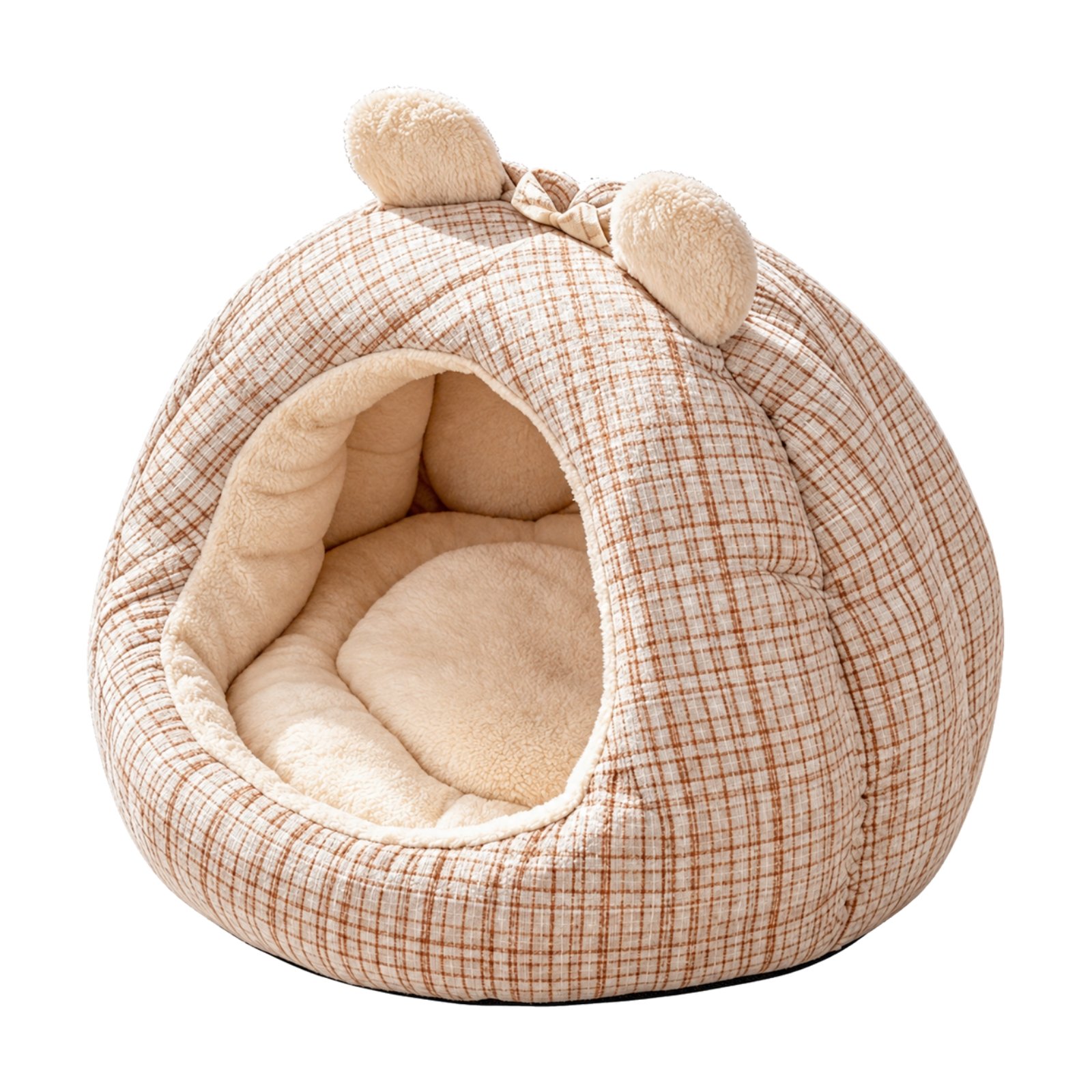Plaid Dome Cat Bed with Bear Ears