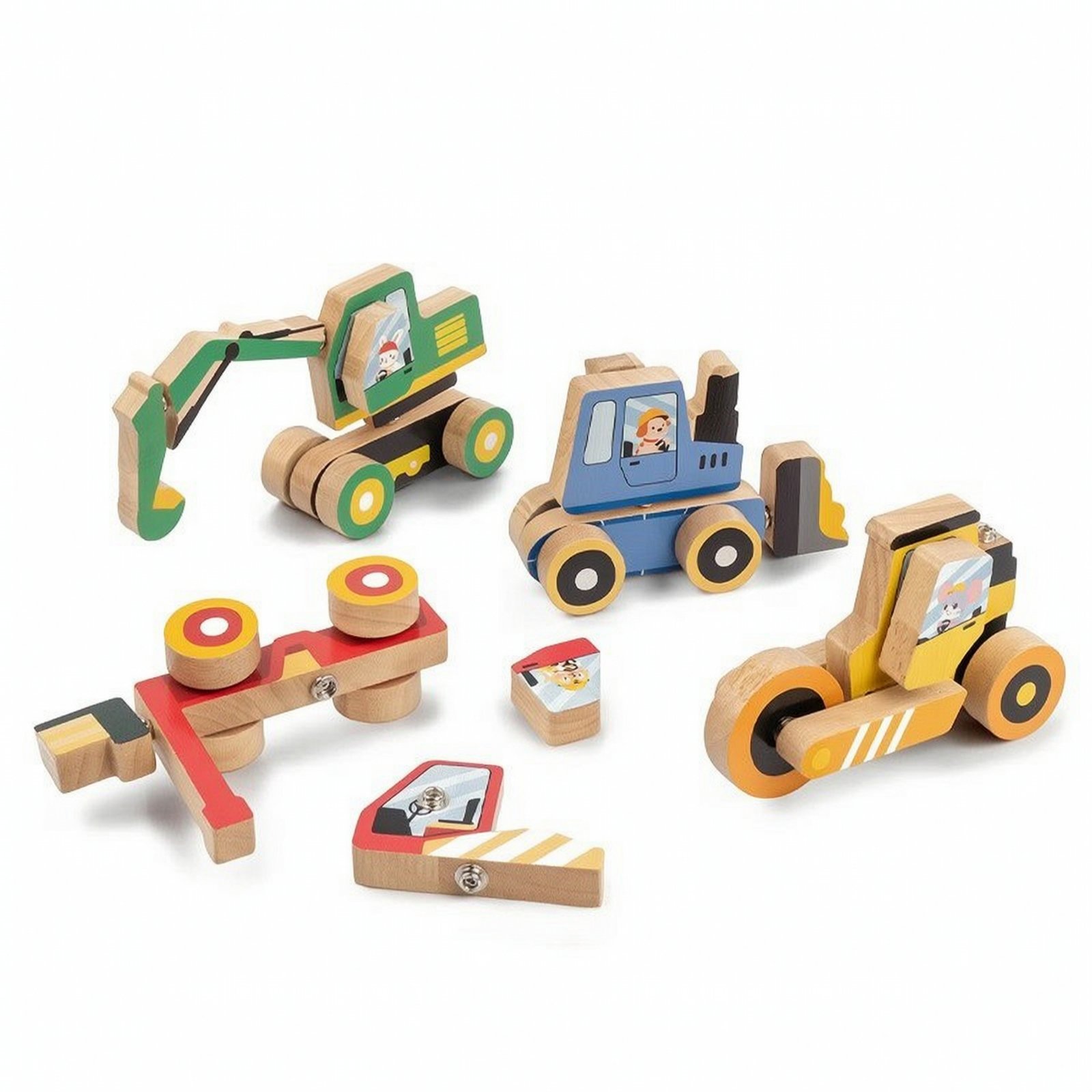 4-Piece Wooden Vehicle Toy Set + Wooden Car Ramp