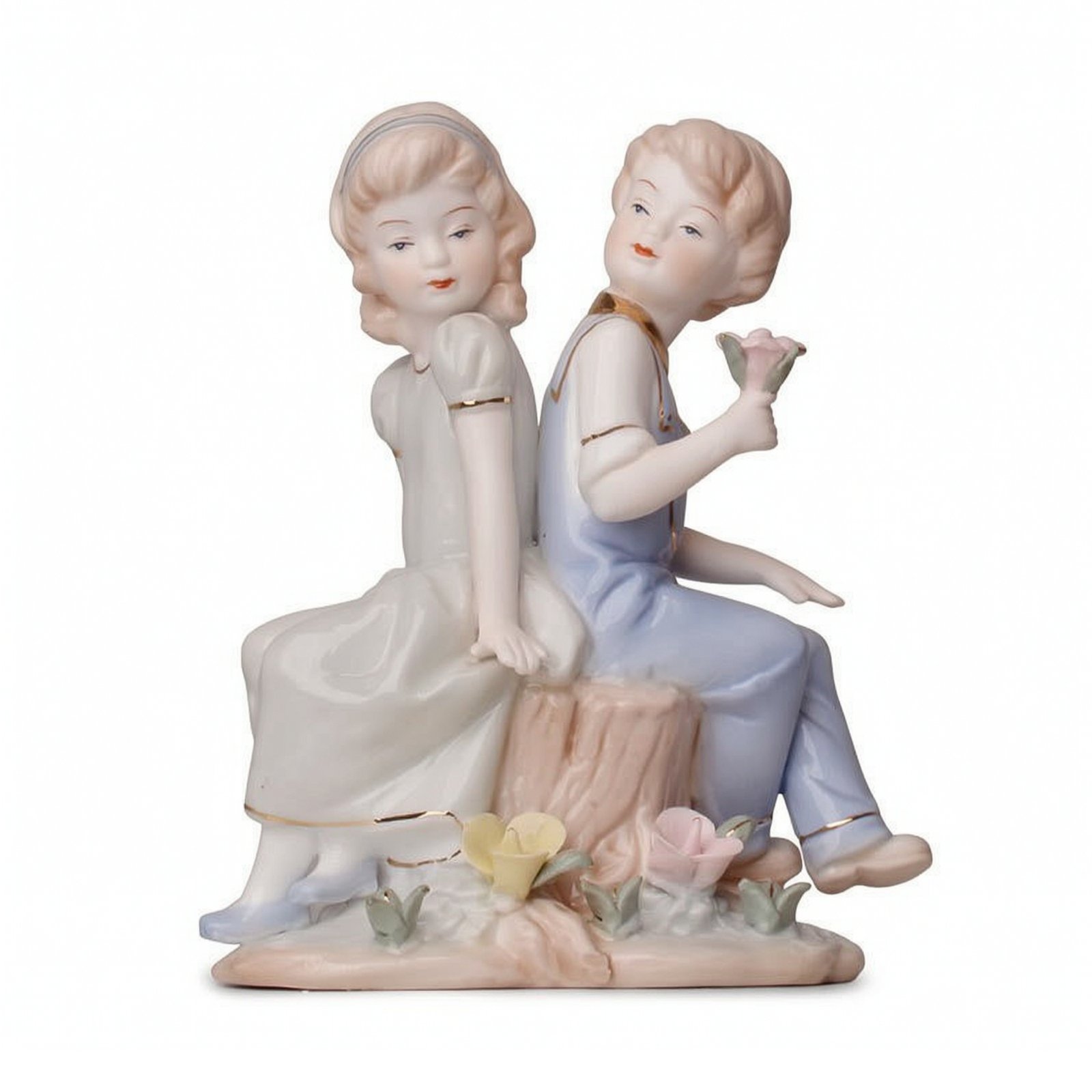 Gold-Trimmed Ceramic Boy and Girl Figurine