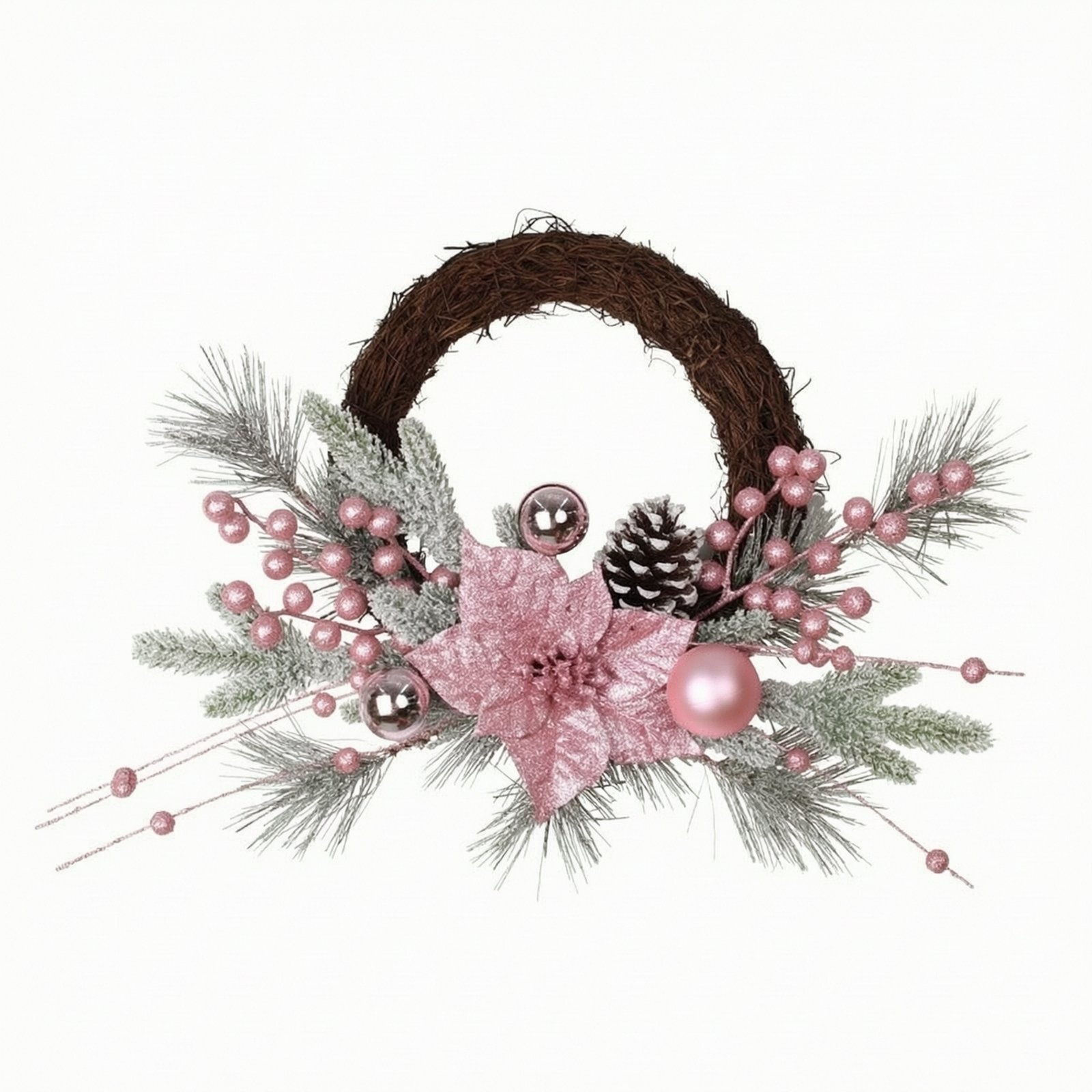 Frosted Conifer Wreath with Pink Poinsettia