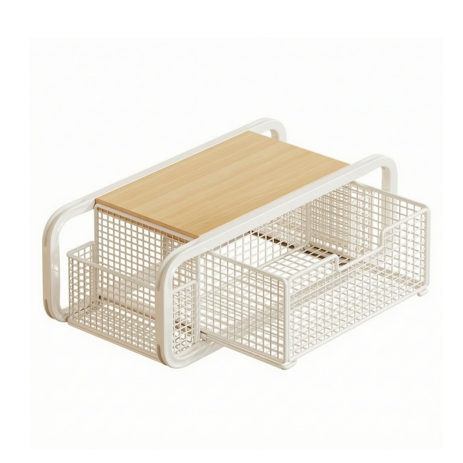 Desktop Storage Rack with Drawer – White Wood