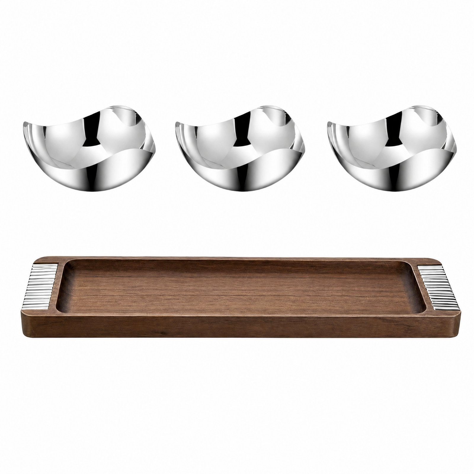 3-Piece Stainless Steel Serving Bowls with Wooden Tray
