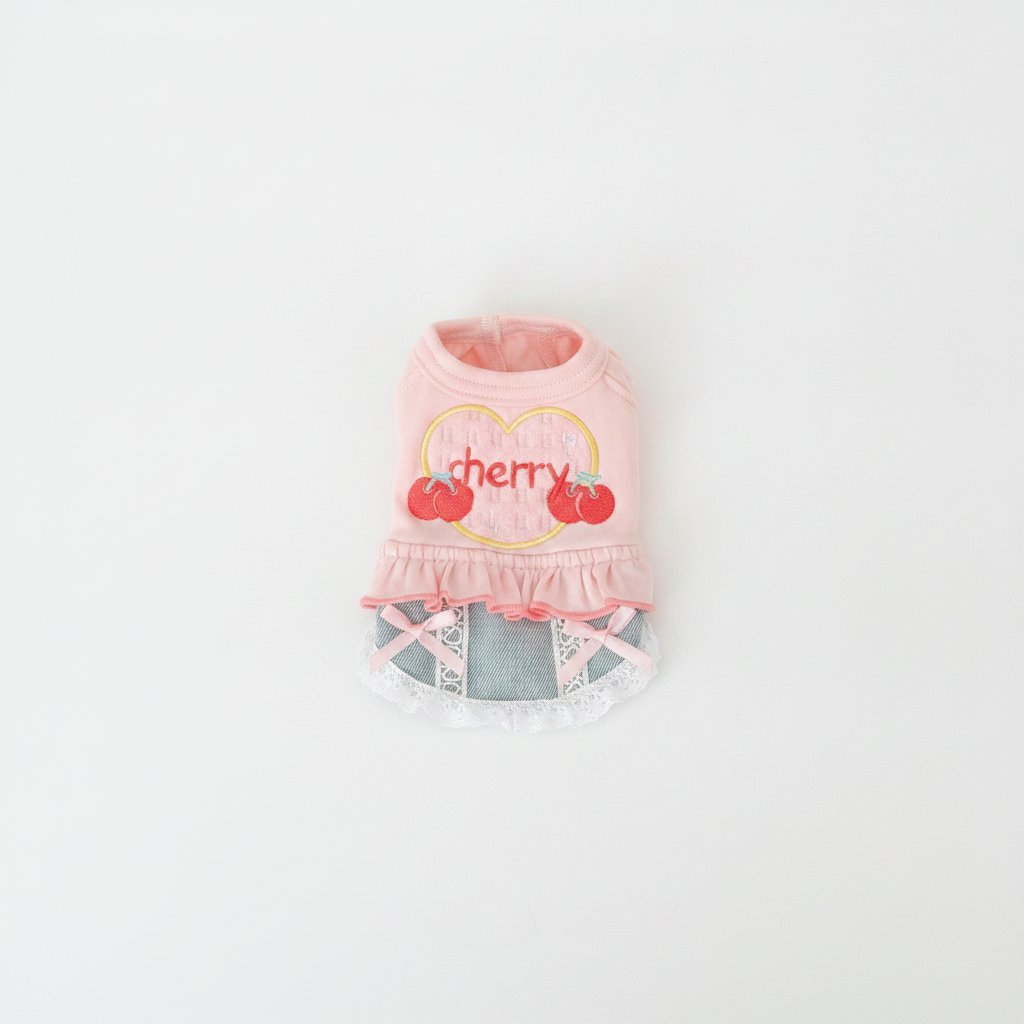 Embroidered Cherry Denim Pet Dress
