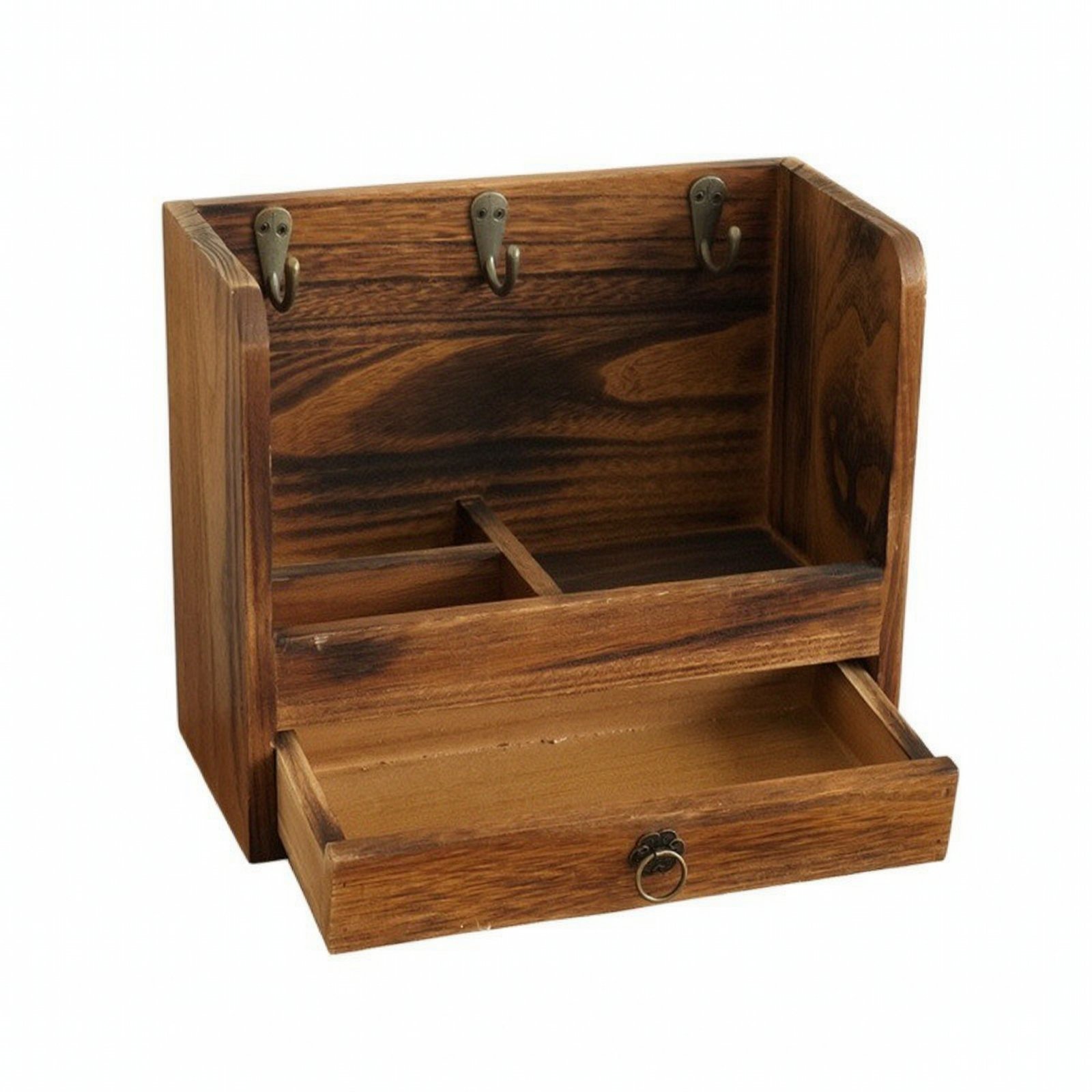 Wood Key Storage Box with Hooks