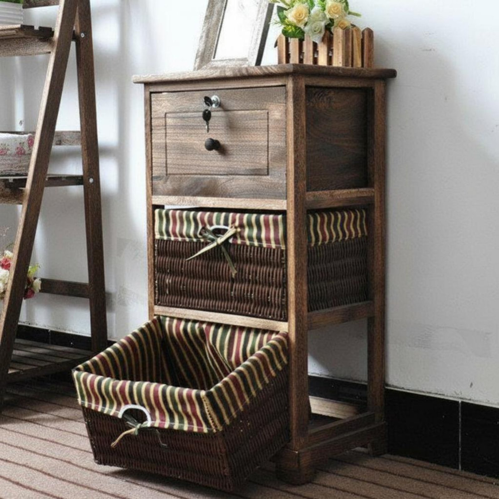 Locking Bedside Unit with Woven Drawers