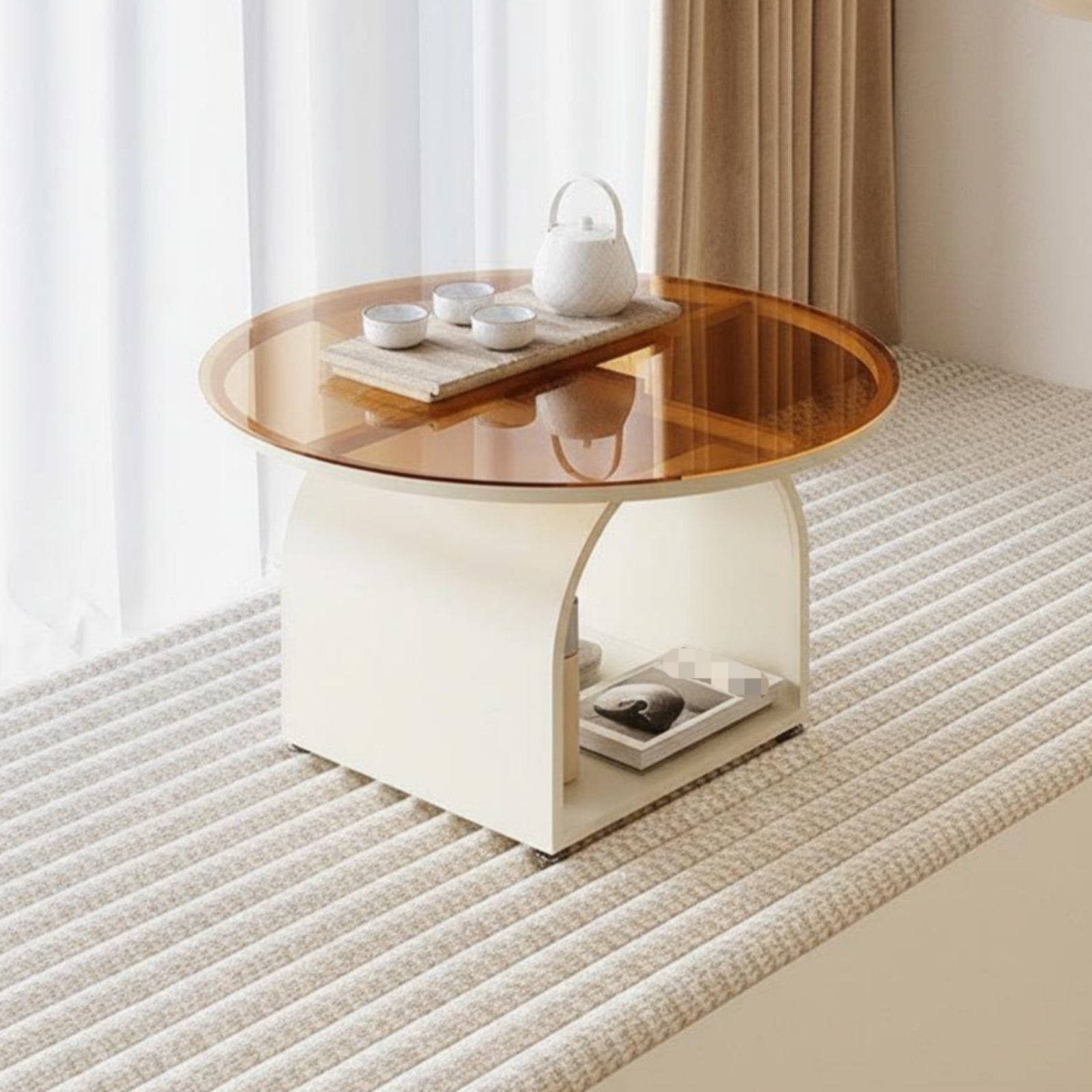 3 Pieces Round Low Coffee Table with 2 Rotating Floor Chairs