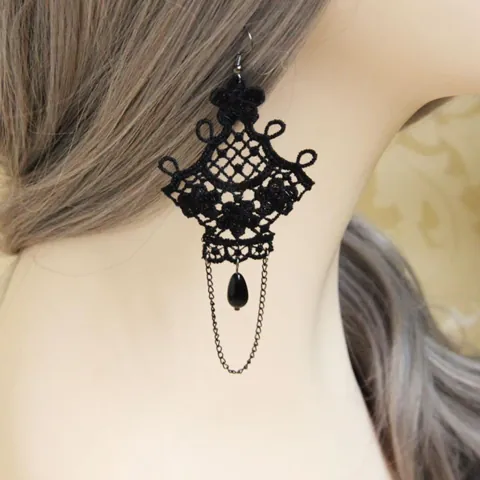 1 Pair Vintage Black Lace Drop Hook Long Earring Gothic